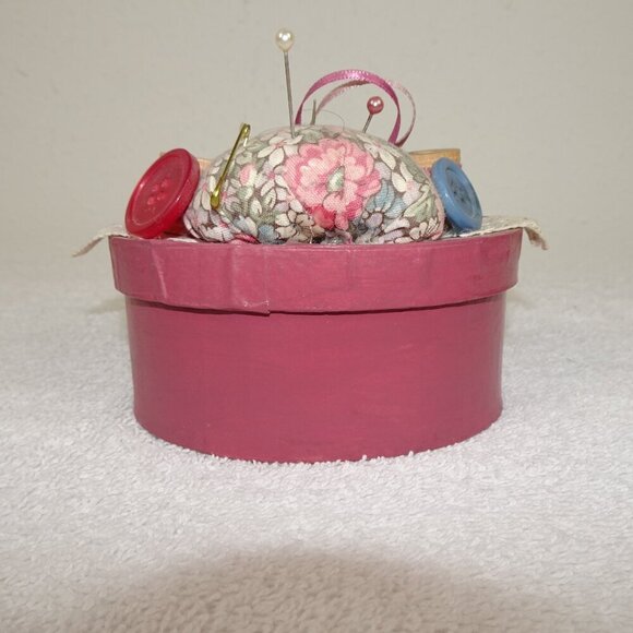 Vintage Sewing Box Pin Cushion Thread Button Organizer Storage 4 Inches Pink - Picture 5 of 10